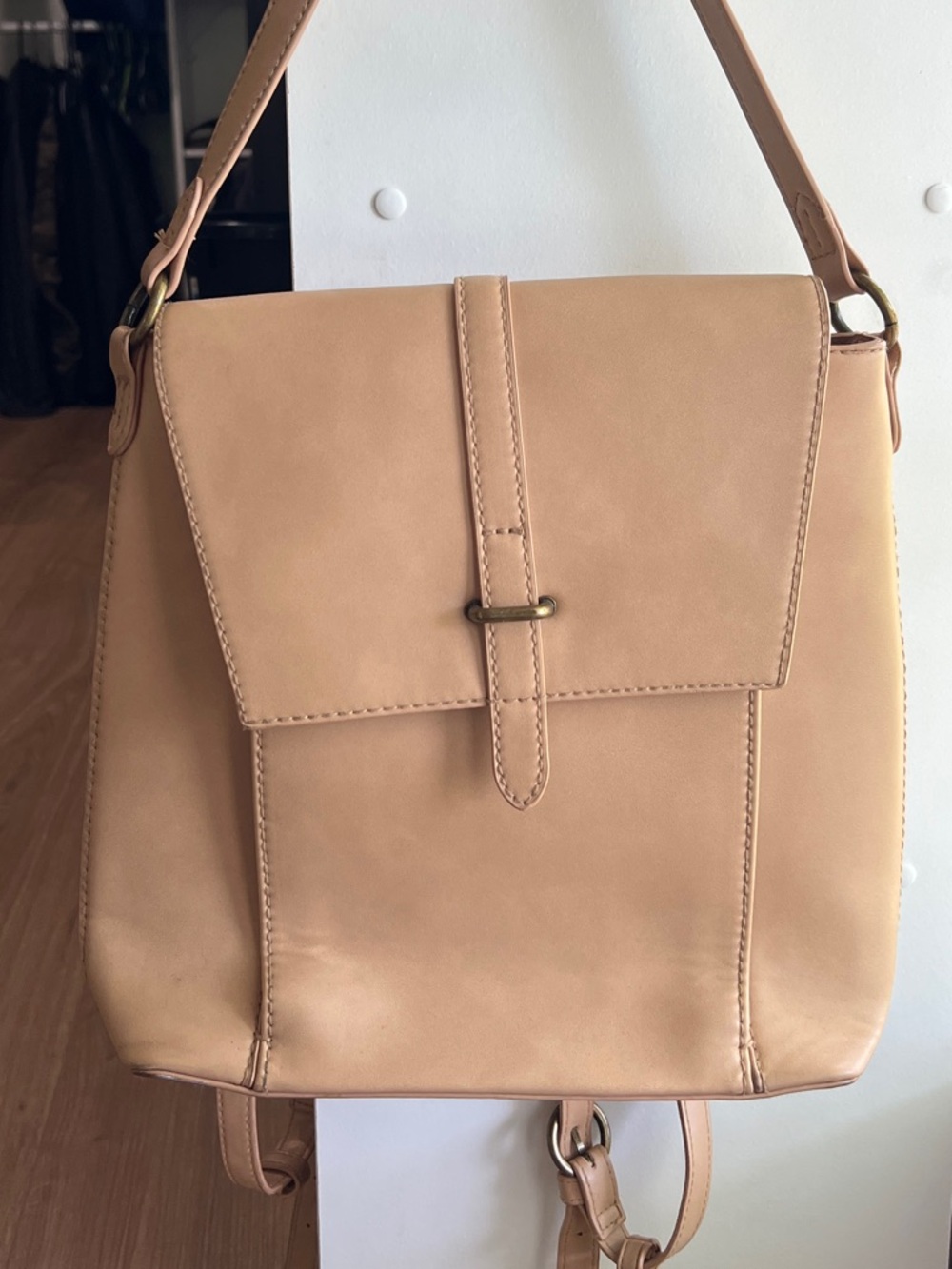 Classic Women's Shoulder Backpack — Beige Faux Leather